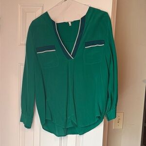 Joie Emerald V-Neck Blouse with Navy Accents